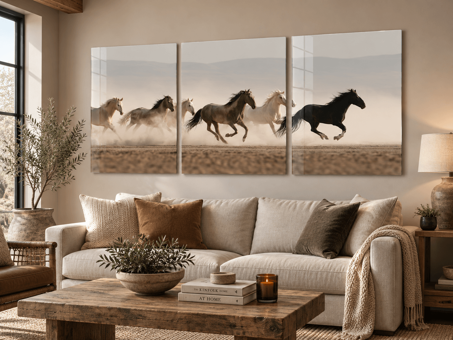 Wild horses triptych glass wall art mounted above a beige sofa in a cozy living room